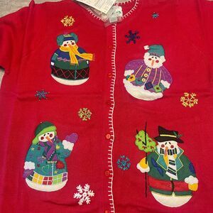 Quacker Factory 2X  Christmas Cardigan Red Snowman Holiday Festive Ugly Sweater